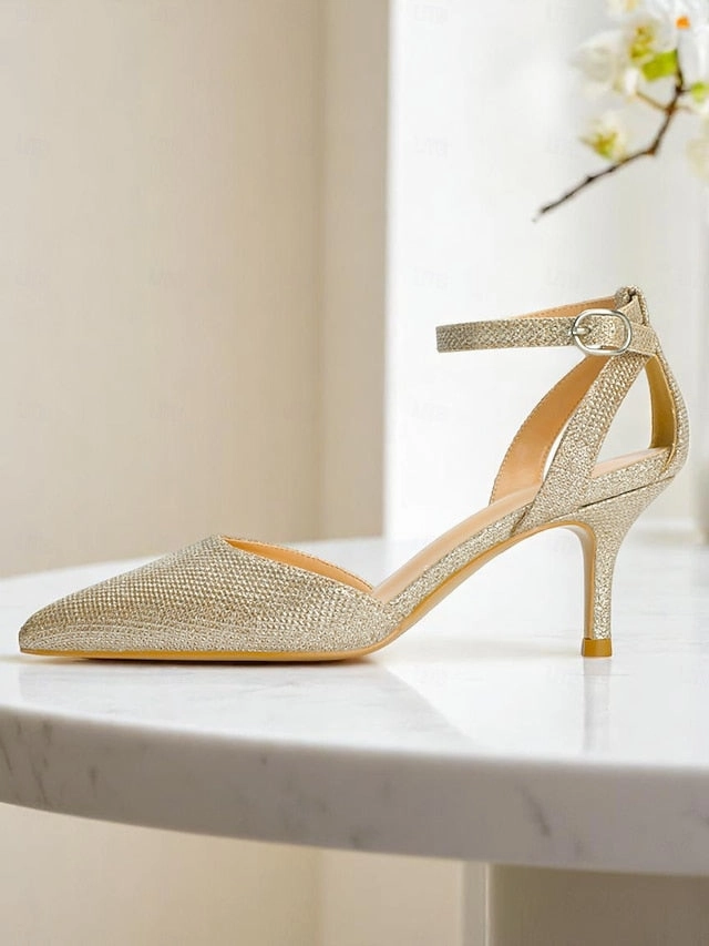 Women's Gold Ankle Heels Strap Glitter