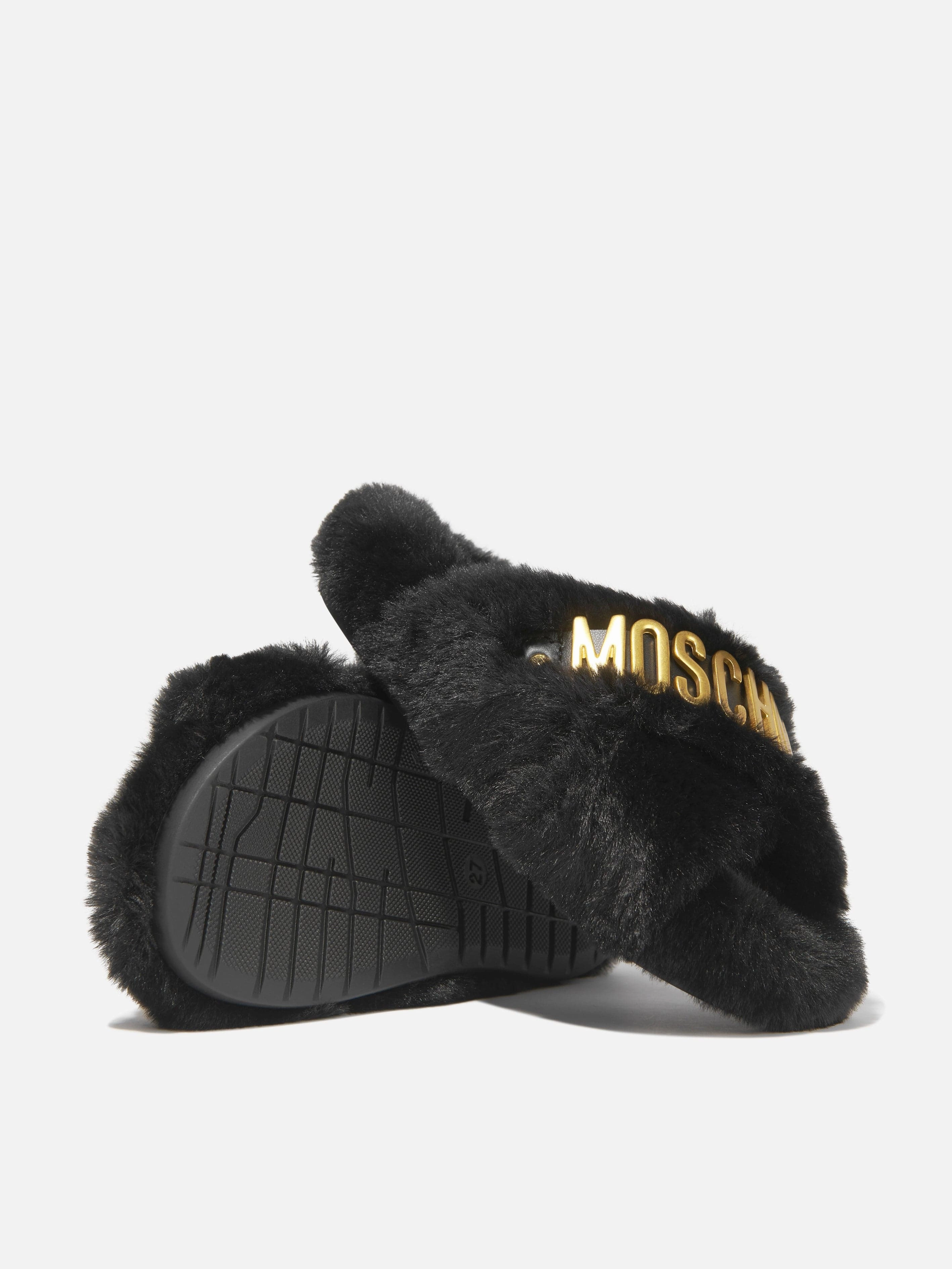Moschino Girls Faux Fur Logo Slippers Wedge Slides