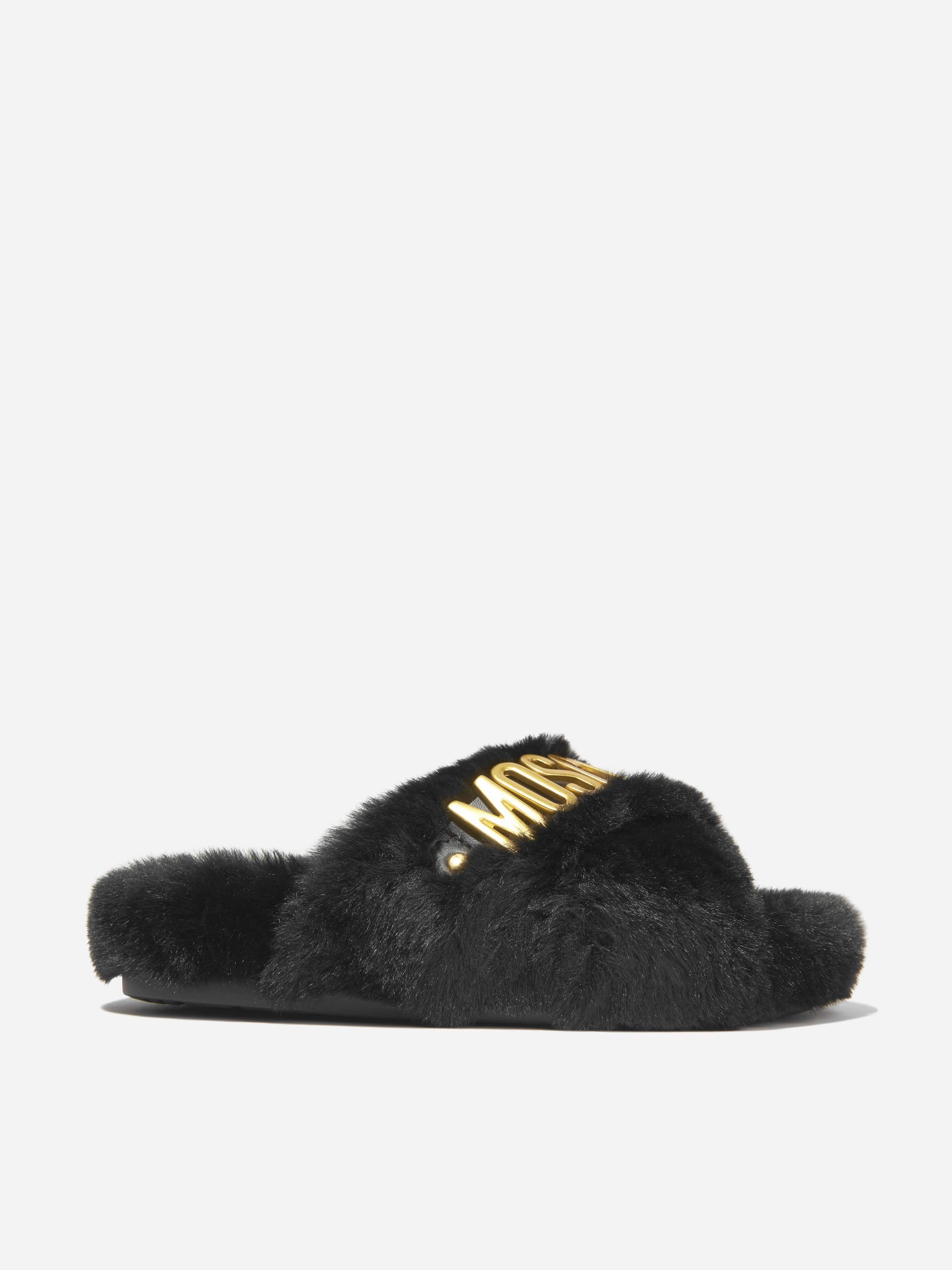 Moschino Girls Faux Fur Logo Slippers Knitted Slippers