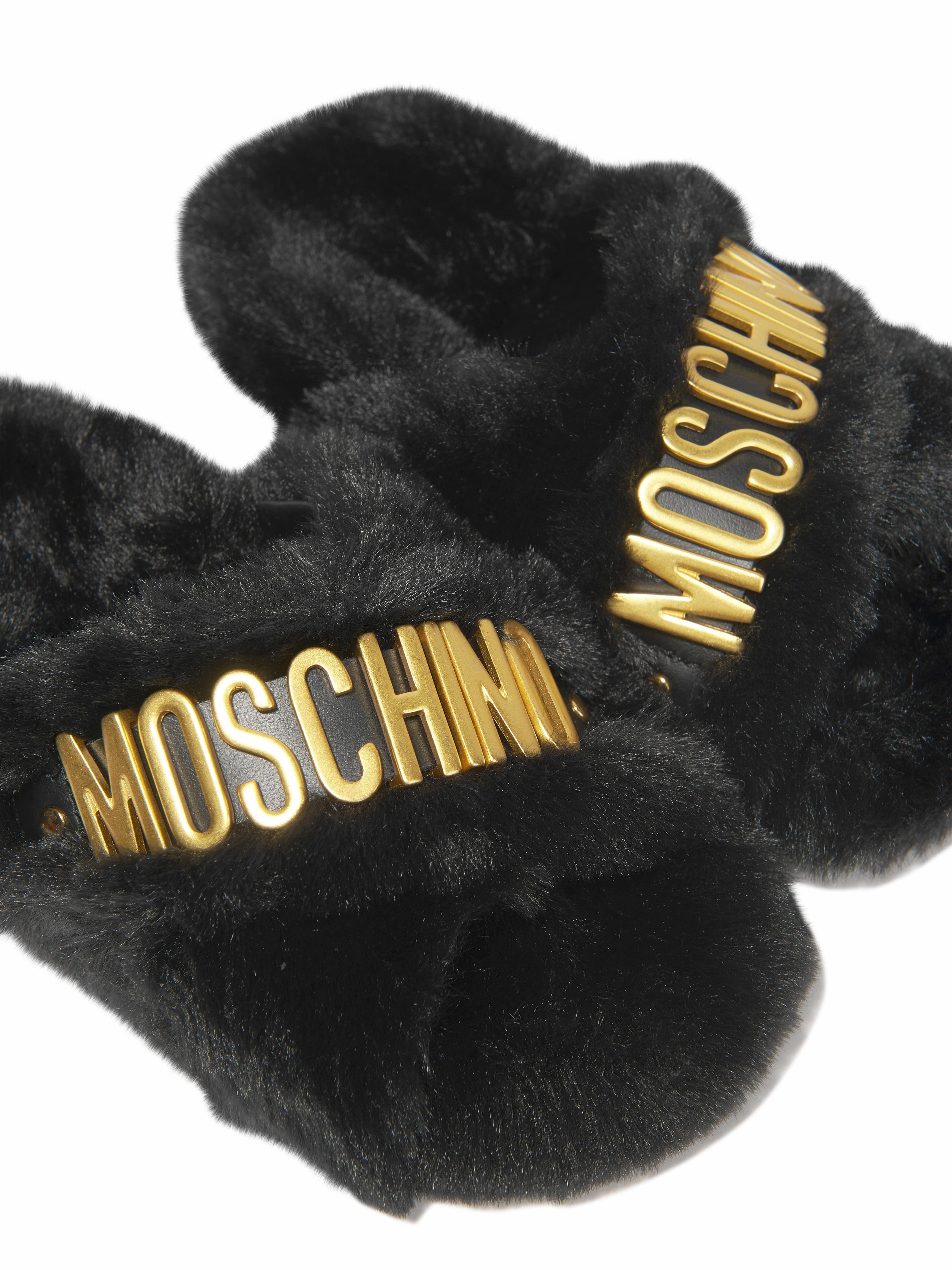 Moschino Girls Faux Fur Logo Slippers Slippers Lambskin