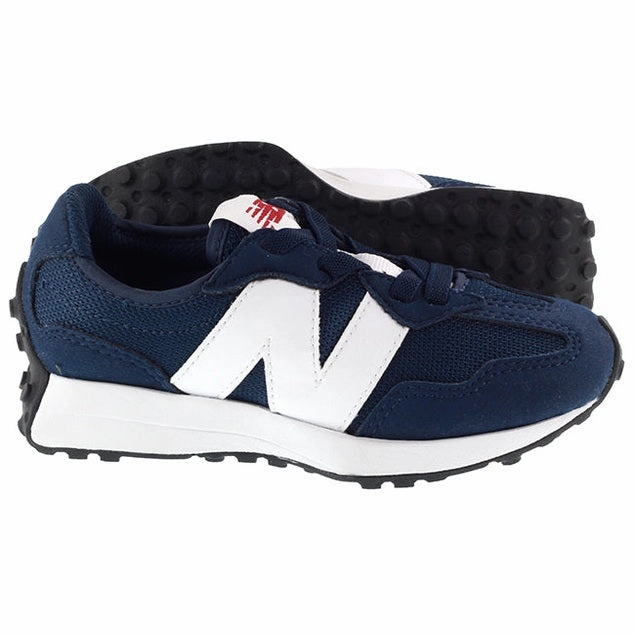 High Drop Running Shoes New Balance Trainers Kids 327 Bungee Lace Natural Indigo White