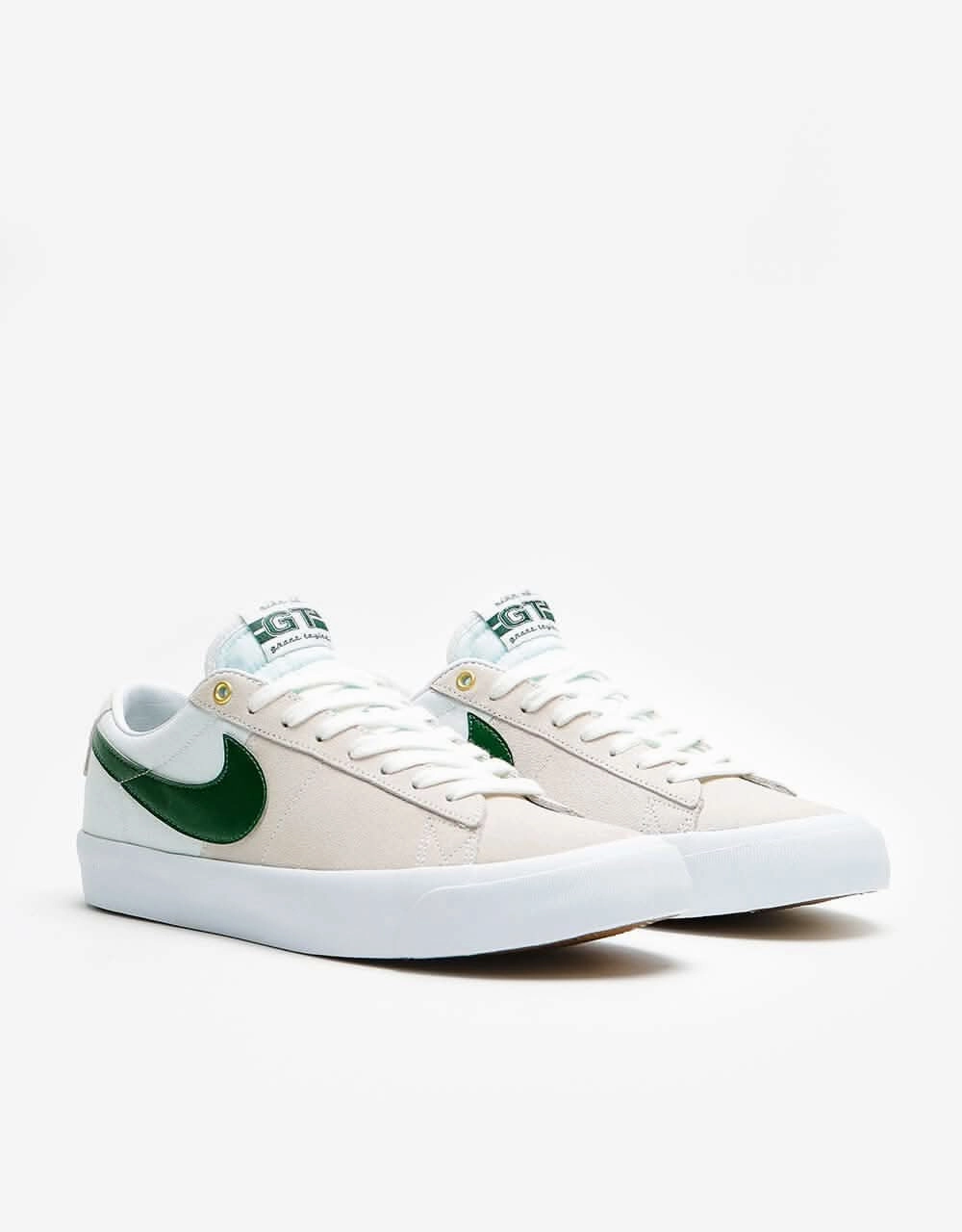 Nike SB Zoom Blazer Low Pro GT Skate Shoes - White/Fir-White-Gum Lt Brown Nike Golf Shoes Spikeless
