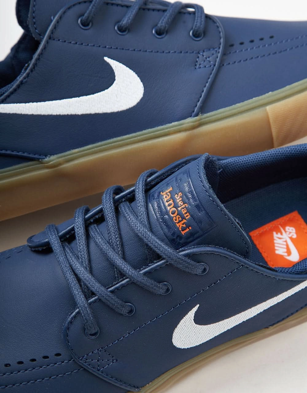 Nike Sb Zoom Blazer Mid Premium Skate Shoe Nike SB Zoom Janoski ISO Skate Shoes - Navy/White-Navy-Gum Lt Brown-Midnight Navy-Safety Orange