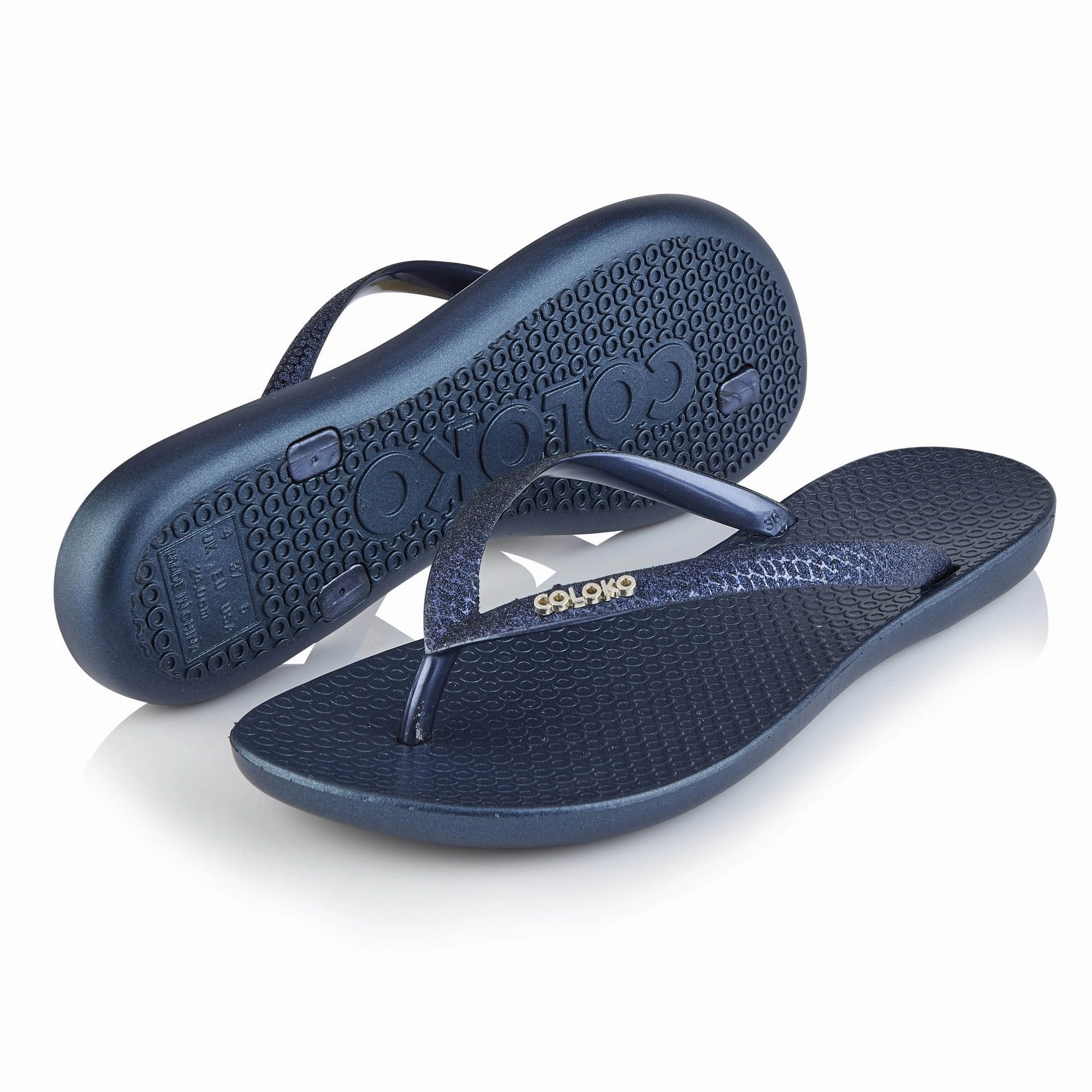 Coloko Freesia Snake Effect Glitter Ergonomic Footbed Flip-Flops Sky Blue / Navy Split Toe Flip Flops