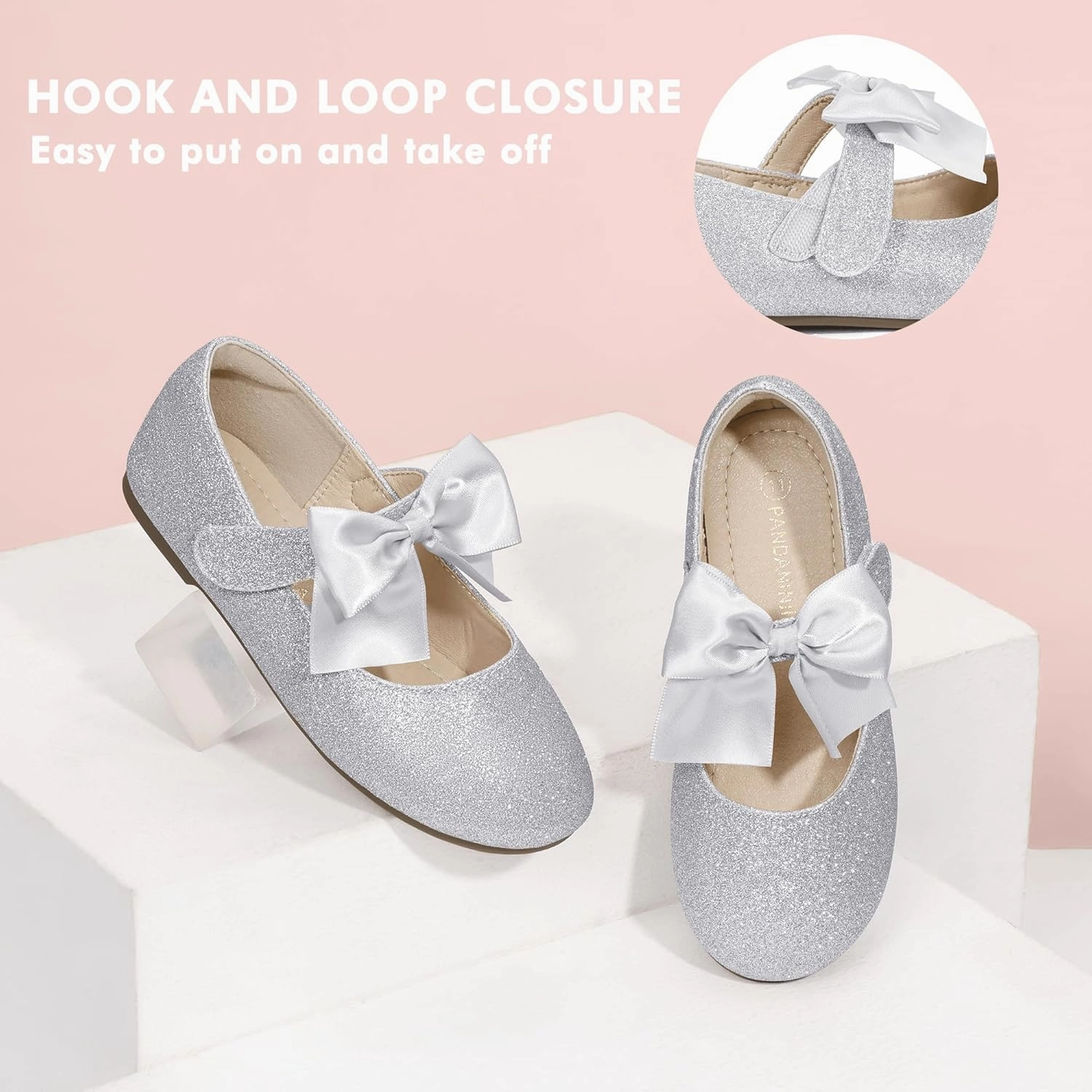 PANDANINJIA Toddler Dress Shoes Bowknot Mary Jane Shoes Girls Ballet Flats for Kids Wedding Party Uniform Church Shoes Arch Support Shoes Asics