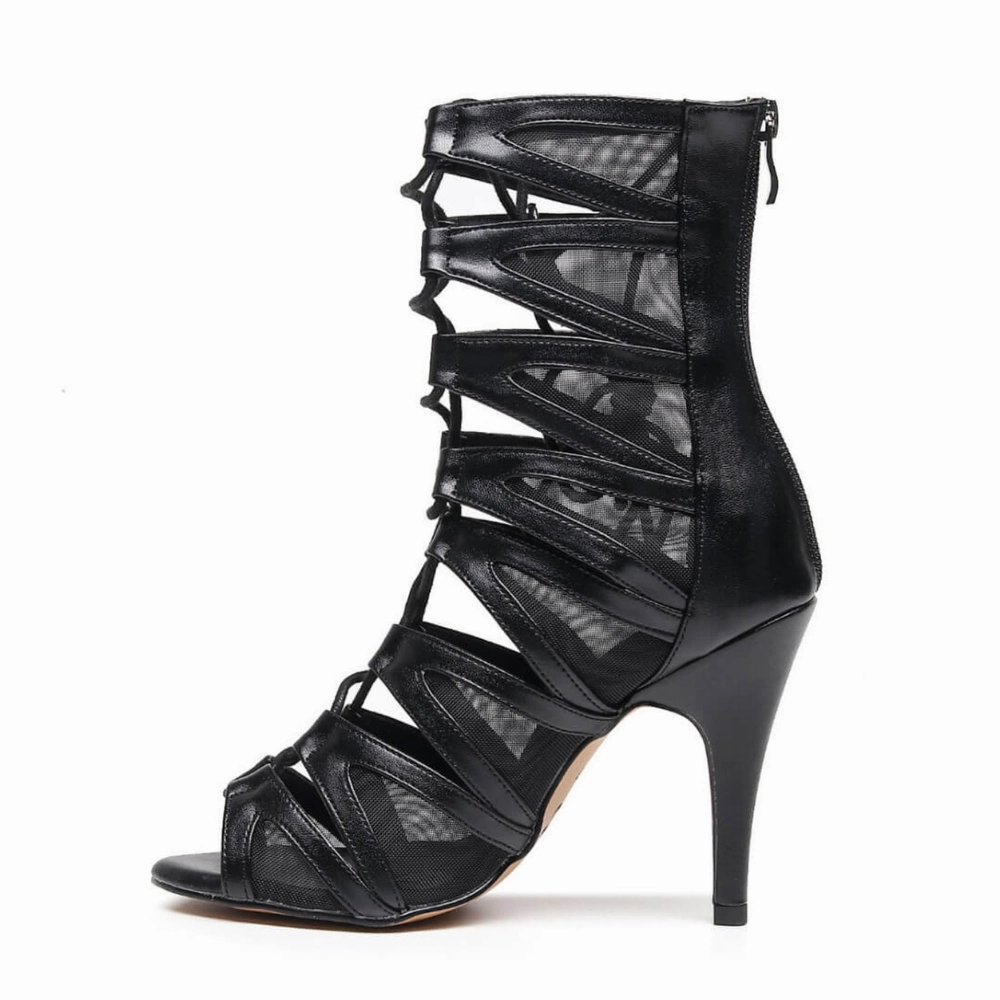 Vikky - Strappy Mesh Cutout Lace Up Ankle Dance Booties (Street Sole) Outfit For Ankle Boots