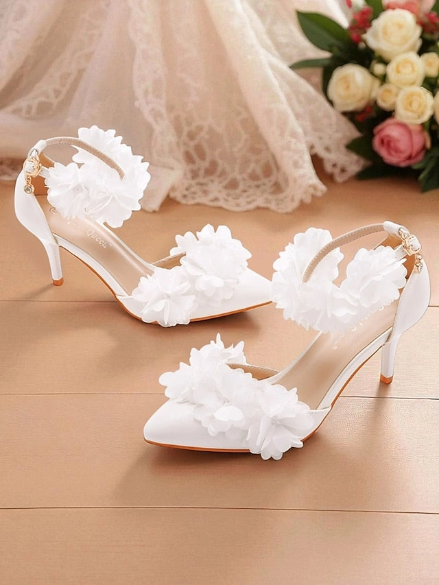 Pointed Floral Ankle Elegant - White Strap Women's Heels Ankle Boots Chunky Heel