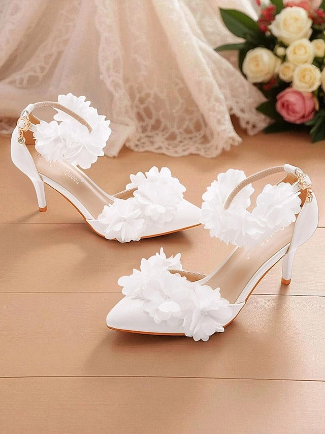 Pointed Floral Ankle Elegant - White Strap Women's Heels