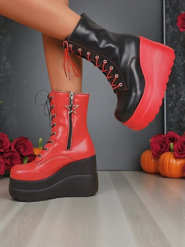 Wedge Heel Ankle Boots Red and Lace-Up Bold Boots Women's Platform Ankle - Black