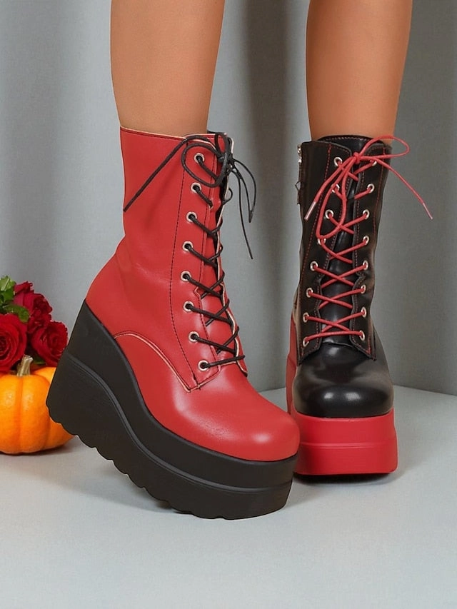 Piccolino Ankle Boots Red and Lace-Up Bold Boots Women's Platform Ankle - Black