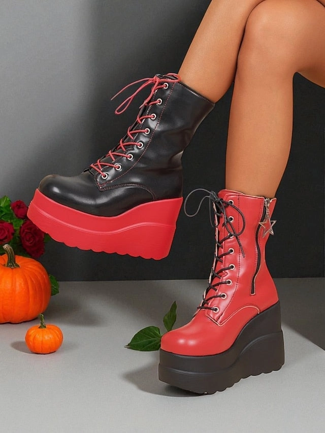 Red and Lace-Up Bold Boots Women's Platform Ankle - Black
