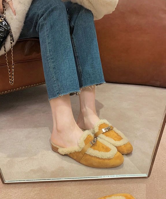 Aphid Slippers Chic Yellow Slippers Shoes Splicing Fuzzy Wool Lined RX011