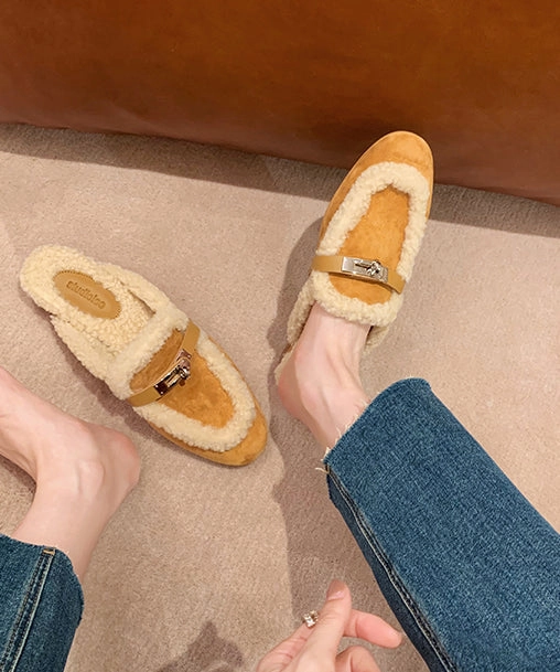 Chic Yellow Slippers Shoes Splicing Fuzzy Wool Lined RX011 Slippers With Ears That Pop Up