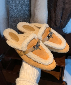 Earth Slippers Chic Yellow Slippers Shoes Splicing Fuzzy Wool Lined RX011