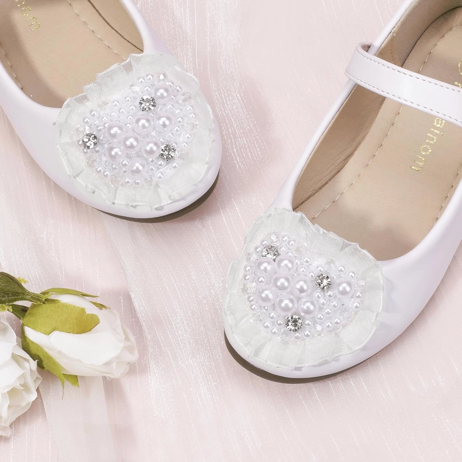 Hehainom Toddler Flower Girl Dress Shoes Rhinstones Pearls Mary Jane Ballet Flats Wedding Party Toddler Little Kid Princess Shoes Best Asics Indoor Court Shoes