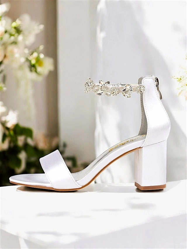 Fall Fashion Ankle Boots Sandals Heel Block Bridal Satin Ankle with Floral Strap White