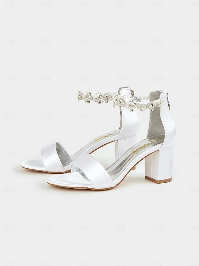 Sandals Heel Block Bridal Satin Ankle with Floral Strap White Faux Suede Heeled Ankle Boots