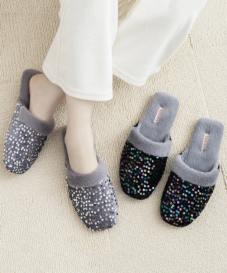 Black Cotton Fabric Slippers Shoes Sequins Fuzzy Wool Lined RX016 Wedge Heel Slides