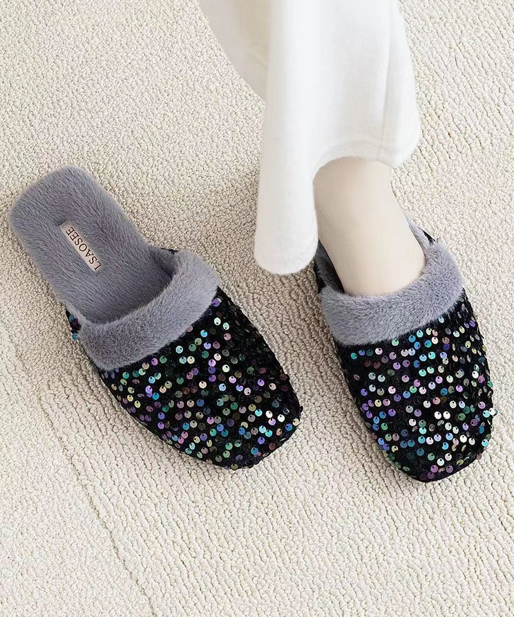 Black Cotton Fabric Slippers Shoes Sequins Fuzzy Wool Lined RX016 Godfather Slippers