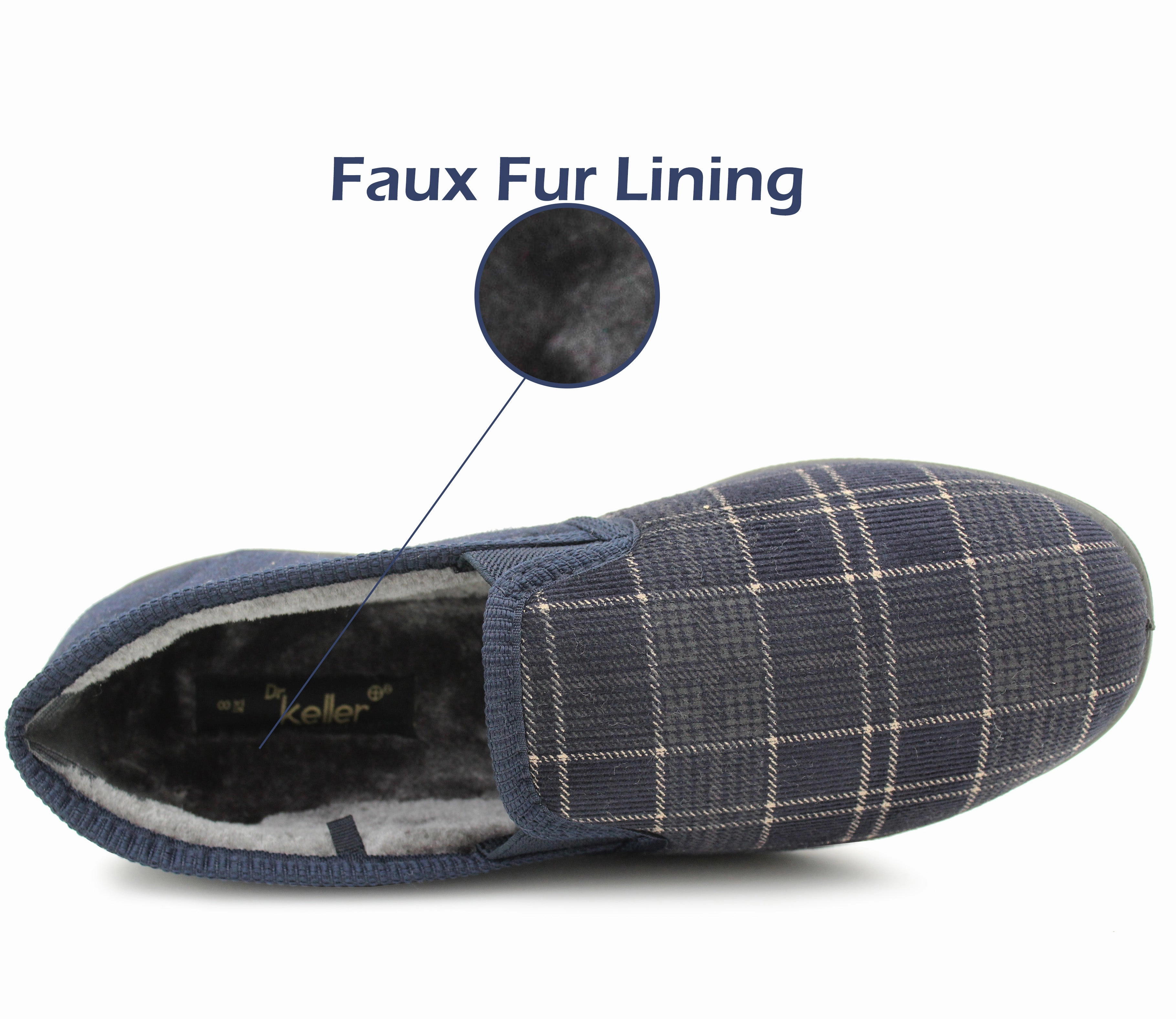 Mens Slip On Navy Check Faux Fur Lined Warm Winter Slippers Bamboo Slides