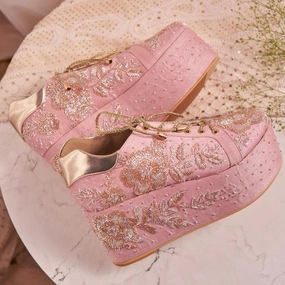 Soft Pink Platform Heels with Silver &amp; Rose Gold Embroidery - Ankle Cushion for Comfort Jada Ankle Boots