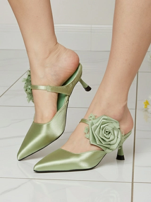 Ankle Boots Fashion Heels with Toe Pointed Satin Floral Women's Ankle Green