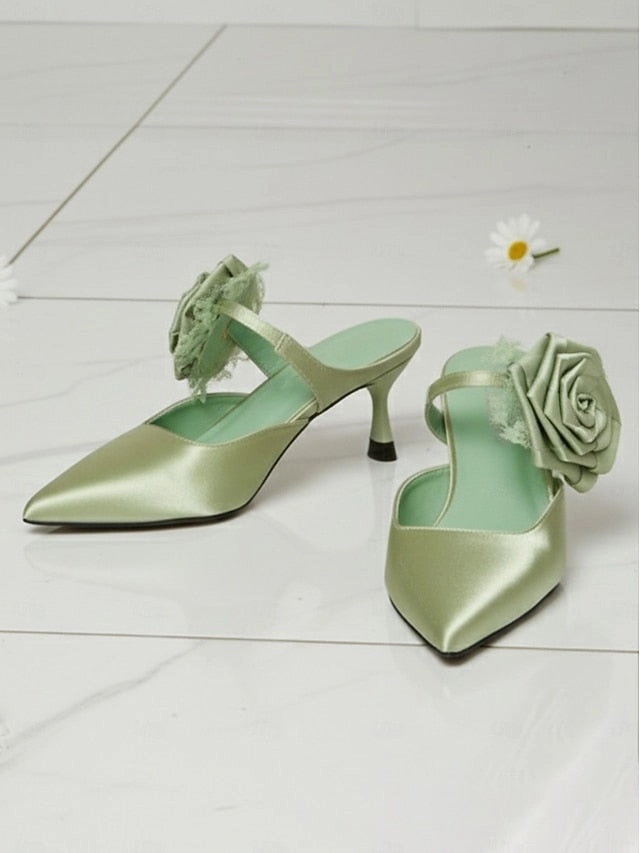 Ankle Boots Clearance Heels with Toe Pointed Satin Floral Women's Ankle Green