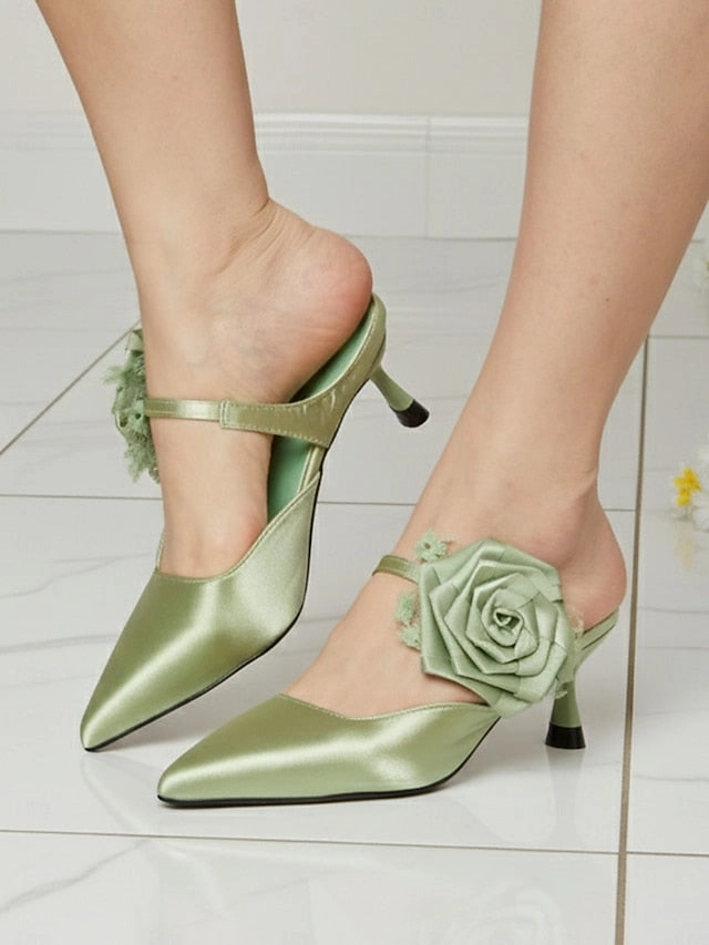 Heels with Toe Pointed Satin Floral Women's Ankle Green