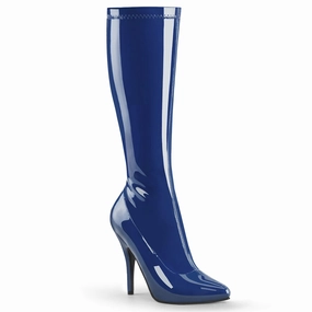 Wide Calf Flat Knee High Boots 5 Inch Heel SEDUCE-2000 Navy Blue Stretch Patent