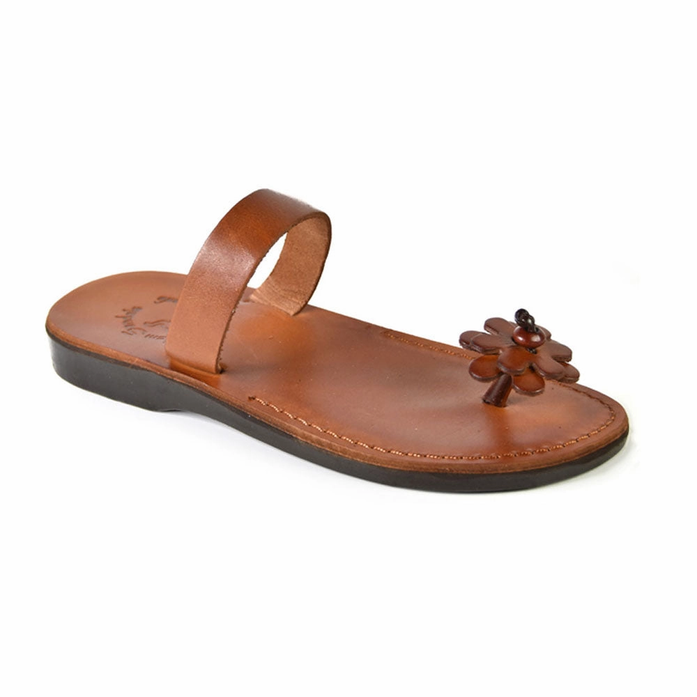 Brown Leather Flip Flops Esther - Leather Flower Flip Flops | Honey
