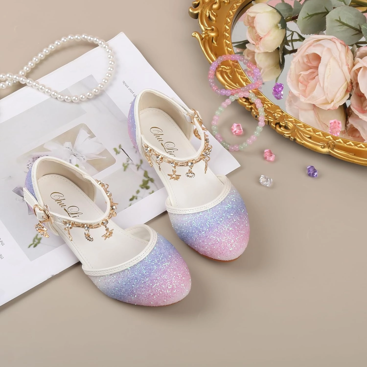 ChuLian Little Kids Girls Dress Pumps Glitter Sequins Princess Low Heels Princess Dress Shoes Party Dance Shoes Rhinestone Sandals Asics Solution Tennis Shoes