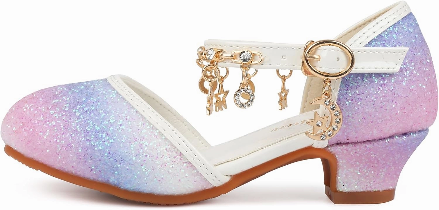 ChuLian Little Kids Girls Dress Pumps Glitter Sequins Princess Low Heels Princess Dress Shoes Party Dance Shoes Rhinestone Sandals Dad Shoes Asics