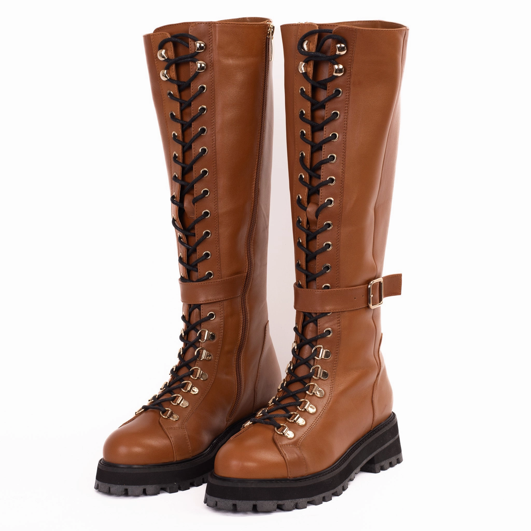 The Istinye Tan Leather Knee High Lace-Up Women Boot Limited Edition Final Sale! Knee High Pointed Toe Flat Boots