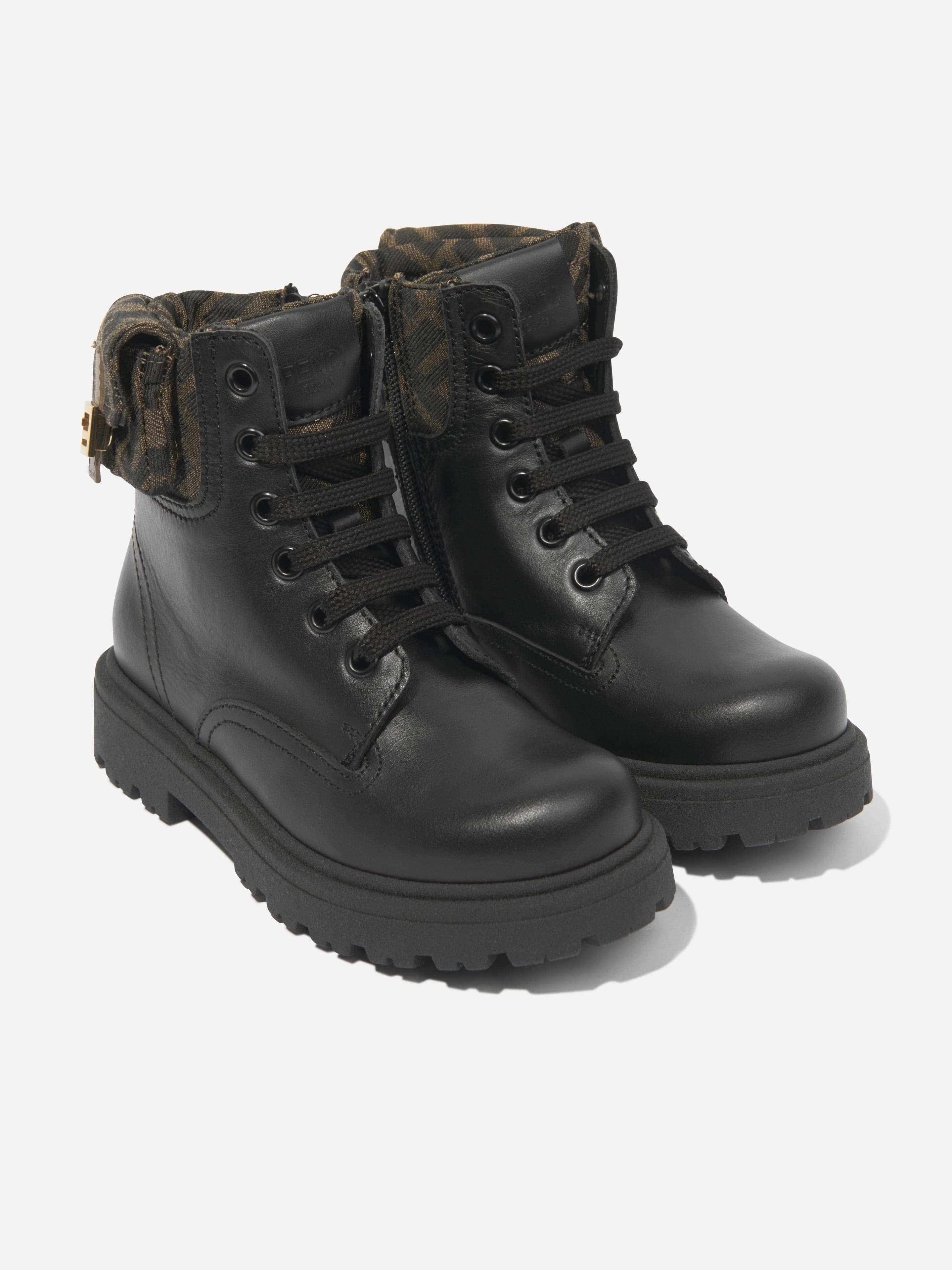 Red Bottoms Boots Fendi Kids Leather Baguette Biker Boots in Black