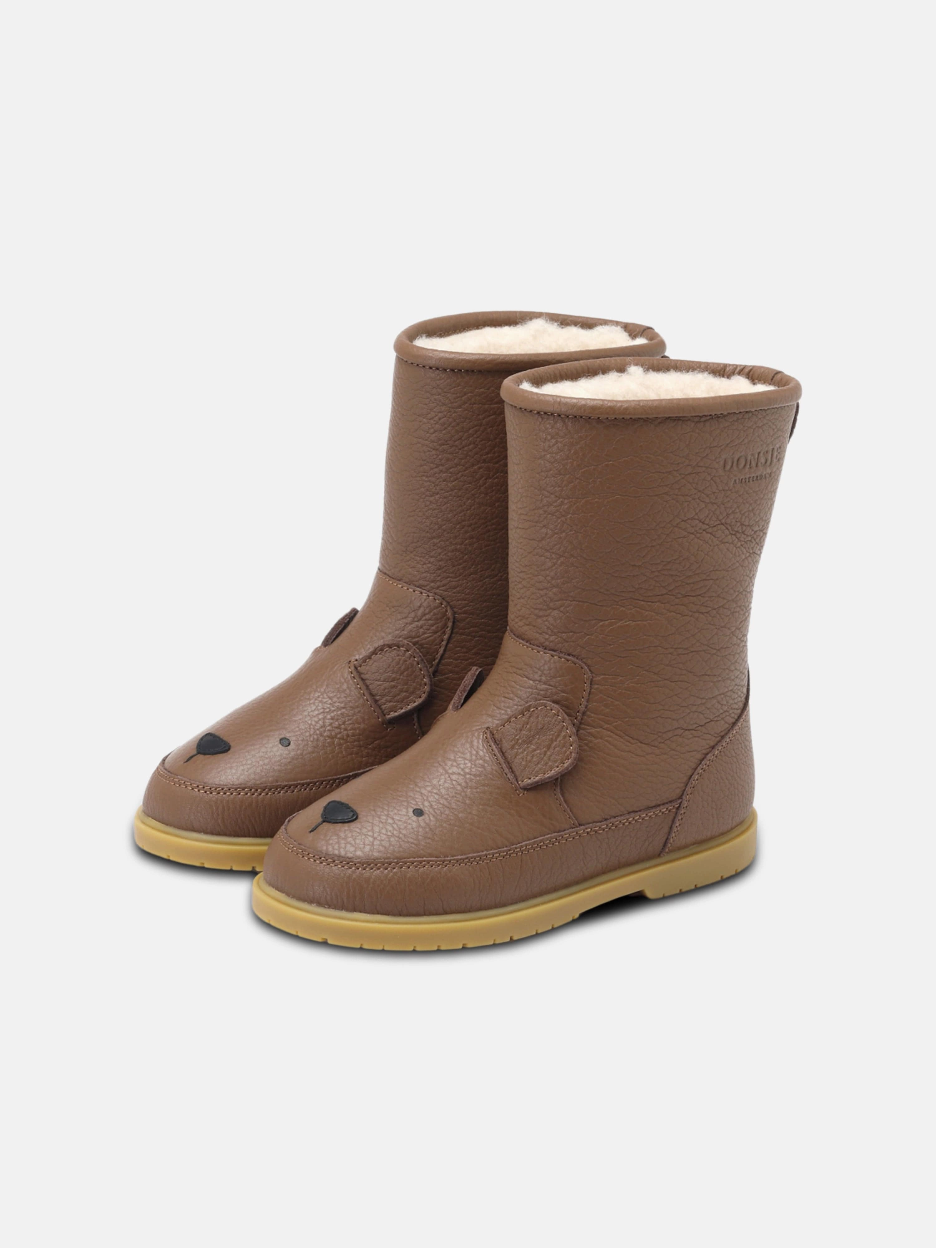Donsje Kids Wadudu Classic Bear Boots in Brown Low Heel Tall Boots