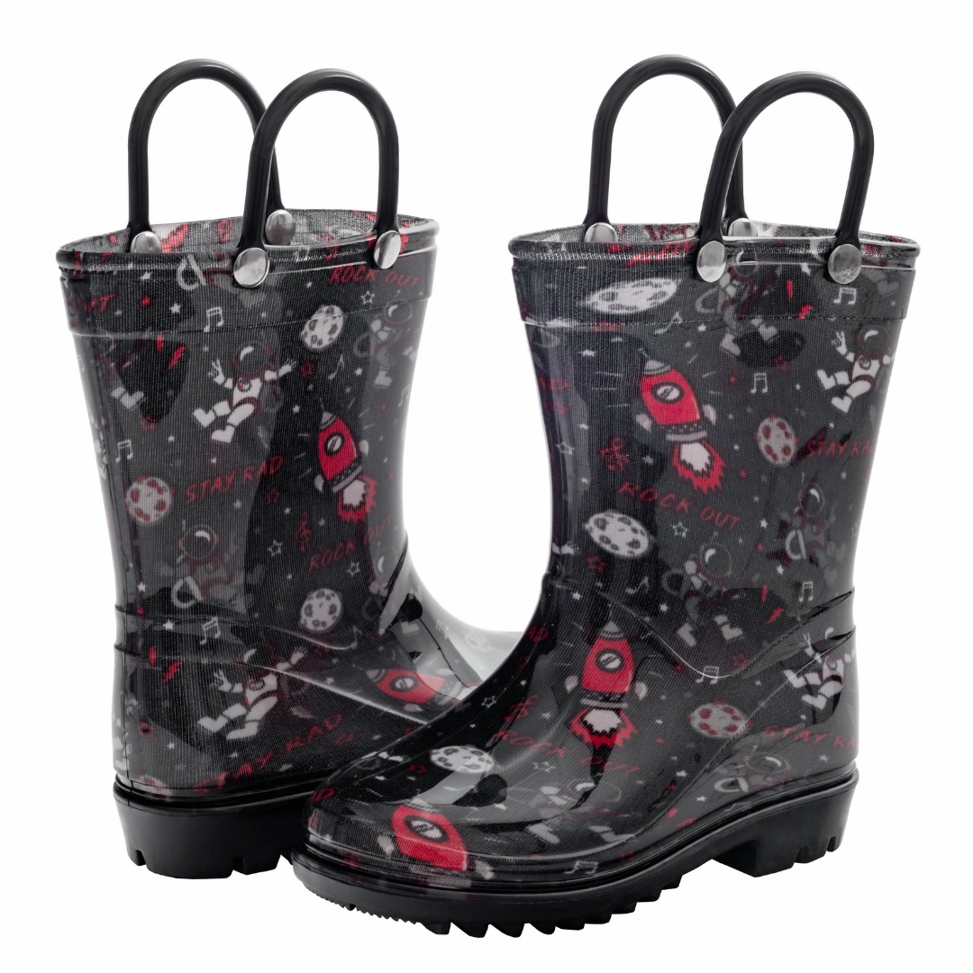 Sugar Rain Boots Toddler Boys Shiny Rockstar Astronaut Printed Rain Boot