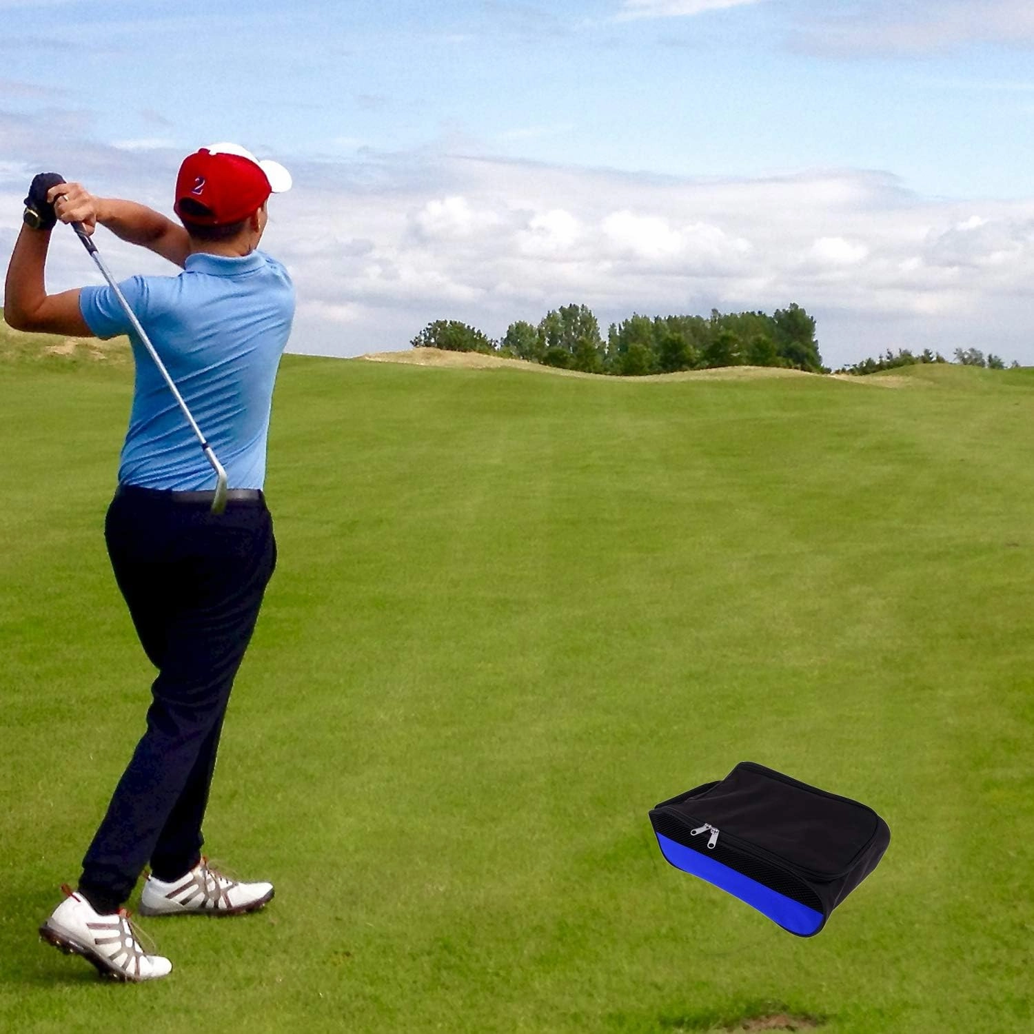 Getfitsoo Golf Shoe Bag, Golf Shoes Bags Men/Women Outdoor Zippered Carrier Bags with Ventilation Sport Shoes Bag Travel Shoe Bags, Blue, Common Asics Novablast 5 Shoes