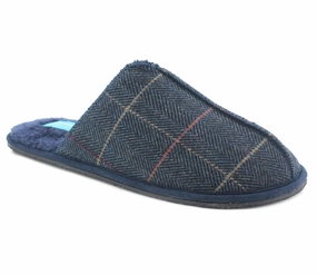 Sherpa Slippers Mens Lightweight Slip On Navy Faux Fur Lined Mules Warm Winter Check Flat Backless Bedroom House Slippers