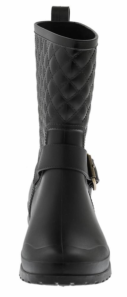 Ladies Matte Solid Black Quilted Mid-Calf Rain Boot Back Lace Up Rain Boots