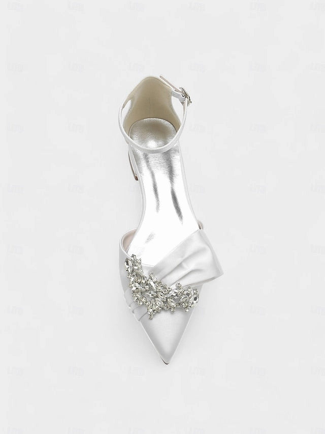 White Satin Rhinestone with and Ankle Pointed-Toe Bow Heels