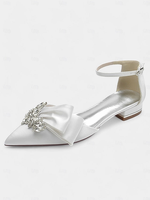 White Satin Rhinestone with and Ankle Pointed-Toe Bow Heels