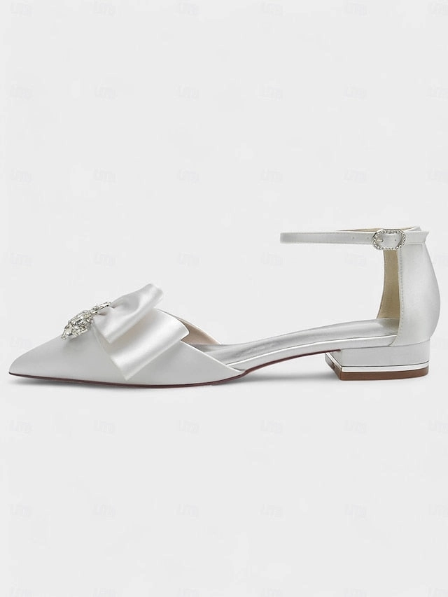 White Satin Rhinestone with and Ankle Pointed-Toe Bow Heels