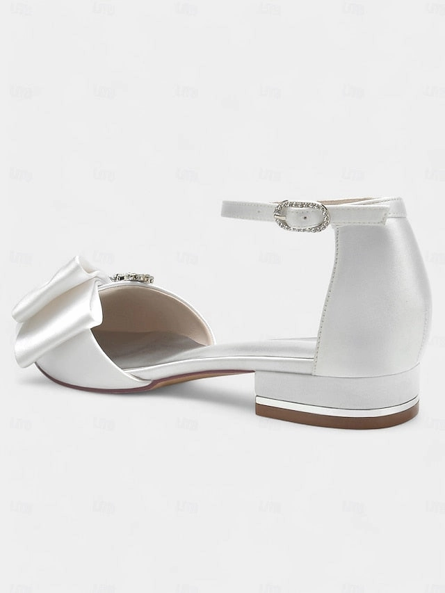 White Satin Rhinestone with and Ankle Pointed-Toe Bow Heels