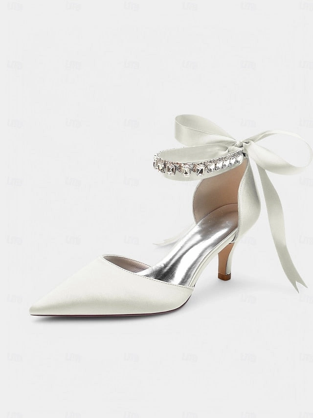 with Rhinestone Satin Ankle and Heels Pointed-Kitten Blue Strap