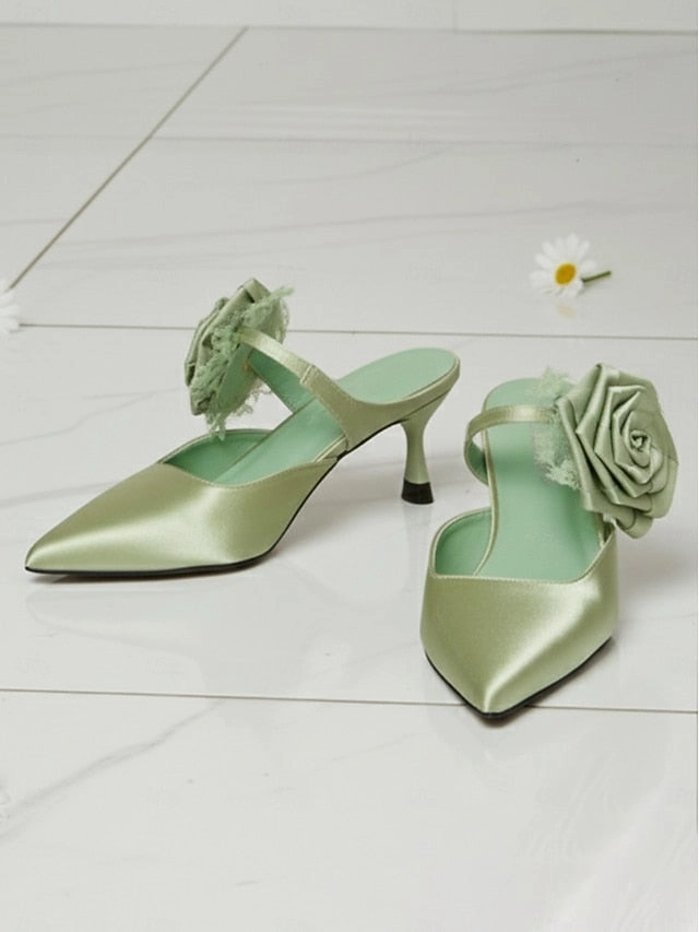 Women's Toe Ankle Satin Floral Pointed Heels with Green